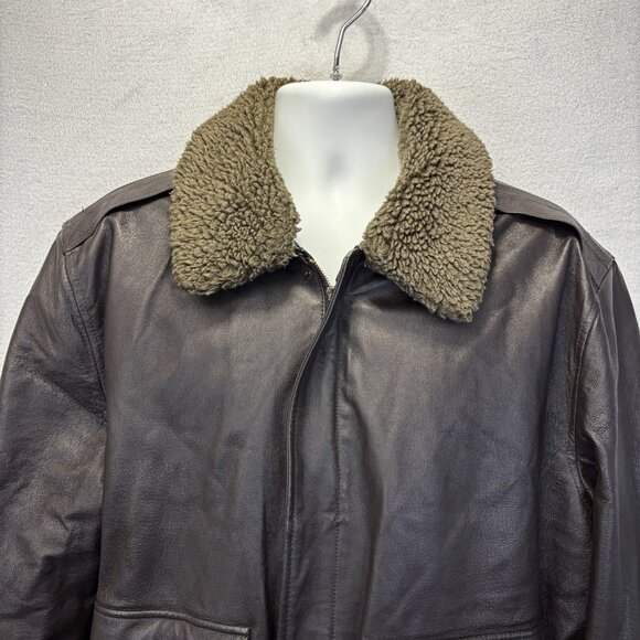 St Johns Bay Leather Sherpa Collar Aviator Jacket Mens Large Black Bomber Coat - Picture 3 of 16